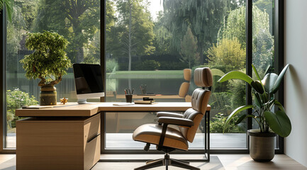 Aufkleber - A modern, minimalist office, a large light wood desk, and ergonomic chair, natural plants, and soft light coming in through a large window. The view shows a calm outdoor setting.