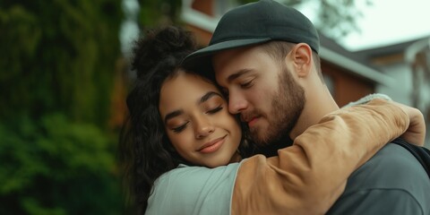 Poster - A man and a woman are hugging each other. The woman has her head on the man's shoulder