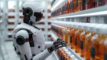 Leinwandbilder - A robot is working in a laboratory, filling glass test tubes with liquid from bottles on the shelf behind it.