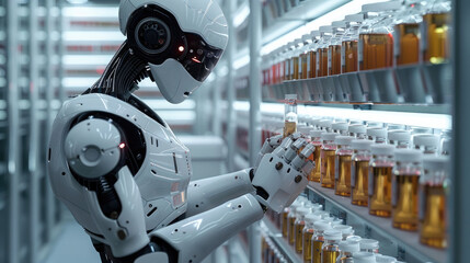 Poster - A robot is working in a laboratory, filling glass test tubes with liquid from bottles on the shelf behind it.