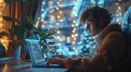 Poster - A young man is sitting at the table in front of his laptop, writing code on it.
