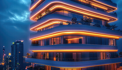 Aufkleber - Residential multi-story building in futuristic style, view from the corner of the building, evening night lighting, neon illumination, city of the future.