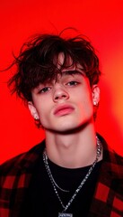 Wall Mural - Portrait of a young man with dark hair and a serious expression against a red background.