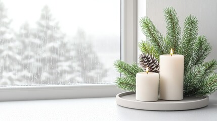 Wall Mural - Two lit candles with pine branches and pinecones on a tray by a snowy window.