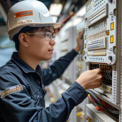 Aufkleber - Professional Asia plumbing repairman working on the electrical panel in the house.