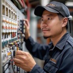Aufkleber - Professional Asia plumbing repairman working on the electrical panel in the house.