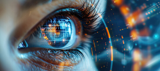 Poster - Digital blue eye with data visualization charts and graphs floating in front of it, representing the advanced technology used by AI to process information.
