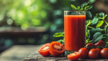 Wall Mural - A glass of vibrant red tomato juice on a rustic wooden table with freshly sliced red tomatoes