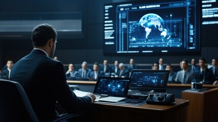 Aufkleber - Virtual courtroom with holographic evidence being presented, futuristic digital system