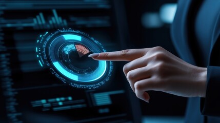 Leinwandbilder - Professional woman pointing at a floating holographic pie chart with data insights, modern office environment