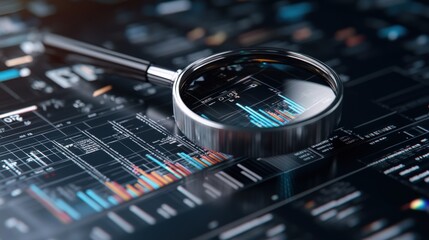 Leinwandbilder - A magnifying glass is on a computer screen with a lot of numbers and graphs