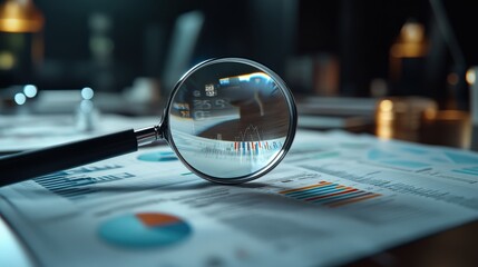 Leinwandbilder - A magnifying glass is on top of a stack of papers with graphs and numbers