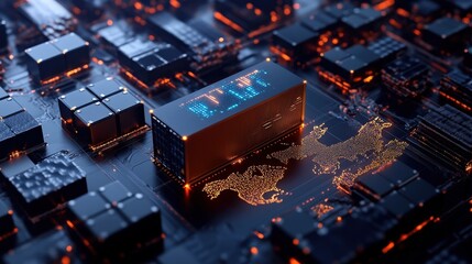 Leinwandbilder - Global logistics and trade concept with cargo boxes, glowing digital map overlay