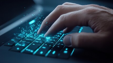 Aufkleber - Close-up of a hand typing on a holographic keyboard with neon blue digital trails, representing cybersecurity and technology