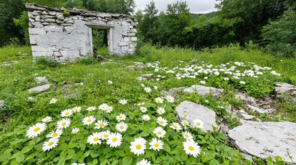 Wall Mural - Ruined stone wall with daisies.