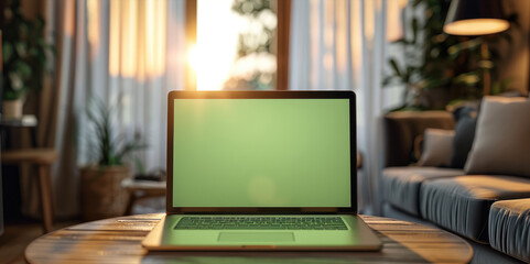 Poster - A green-screen laptop on the table in front of white curtains, a living room background.