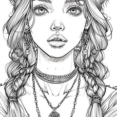 Captivating portrait of a young woman with braids ethereal setting black and white illustration artistic perspective