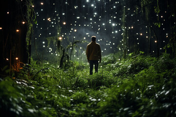 a serene forest illuminated by gentle glow of stars and moonlight, unveiling secret nocturnal endeav