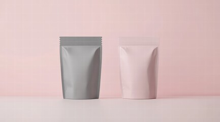 A mockup of two stand-up pouches, one solid gray and the other with light pink ink.