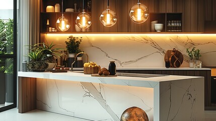 Poster - A medium kitchen made of white slab marble with a decorative spherical lamp on wall.