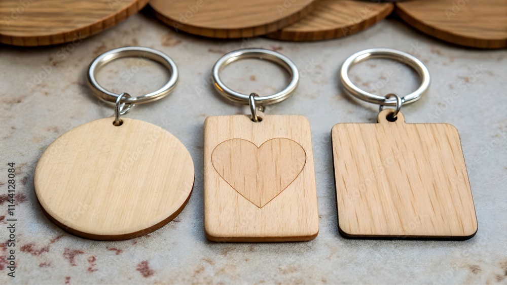 Circle Keychains Types Three blank wooden keychains in circle, square, and heart shapes, with ...