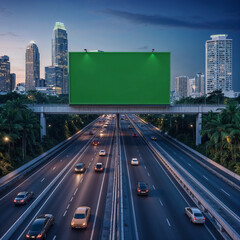 Urban highway at twilight, featuring a large, prominent green screen billboard positioned above a multi-lane highway