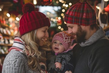 Wall Mural - A family experiencing joy while visiting a holiday market, shopping for festive items.