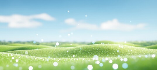 Wall Mural - Dreamy Springtime Landscape Soft Focus Rolling Green Hills, Blue Sky, and Ethereal Bokeh Lights