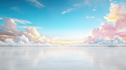 Wall Mural - Serene cloudscape over a reflective surface at sunrise.