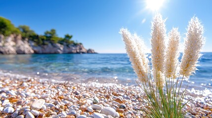 Sticker - Sunny beach with white pampas grass.