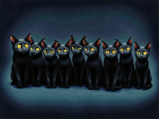 Canvas Print - A group of black cats are sitting in a row, with their eyes wide open and staring at the camera. The image has a mysterious and eerie mood, as if the cats are waiting for something or someone