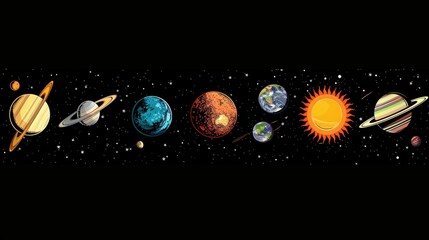 Wall Mural - An image shows the 8 planets of our solar system in a line, with the Sun at the end. Stars dot the background, evoking a cosmic sense of wonder.