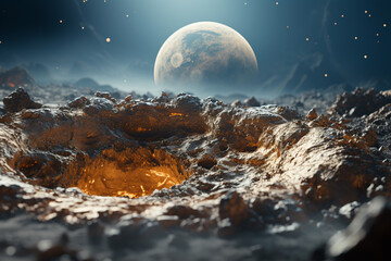 full moon over the rock alien planet