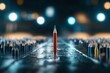© Odin AI - Red pencil stands out among a sea of sharpened pencils on a dark wooden surface with blurred lights in the background
