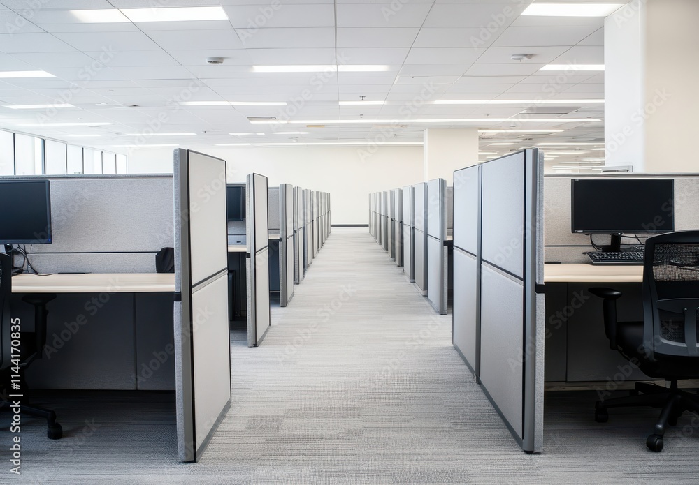 Modern office interior featuring empty cubicles with desks and computer ...