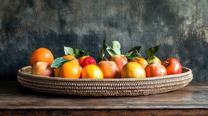 Canvas Print - Colorful fruits in a wicker basket on a wooden table.