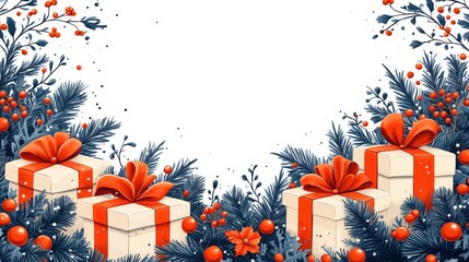 Wall Mural - Charming Holiday Gift Boxes Surrounded by Lush Greenery and Red Accents for a Festive Background Design