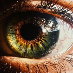 Wall Mural - Vivid close-up of a human eye with intricate details and reflections