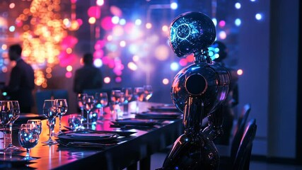 Wall Mural - Futuristic New Year Eve party with robots as waiters, quality