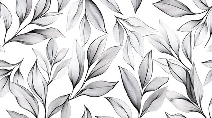 Canvas Print - Seamless pattern of grayscale leaves and branches on white background.