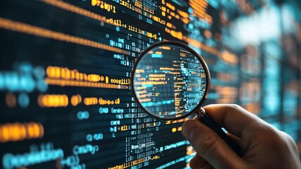 Hand holding magnifying glass over digital code interface, quality
