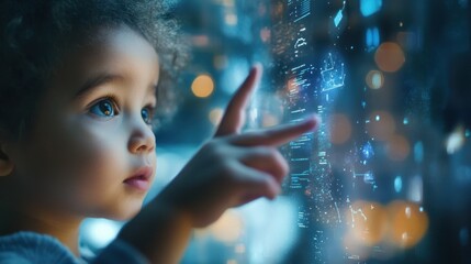 Poster - Toddler girl touches glowing futuristic display.