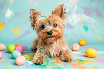 Poster - Small dog covered paint with easter eggs.