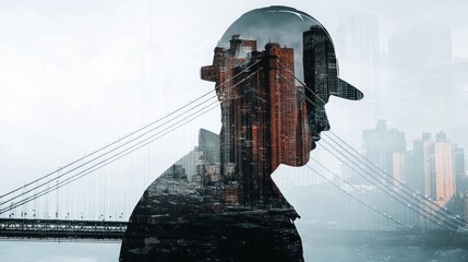 Aufkleber - Man in hard hat double exposure with city, bridge.