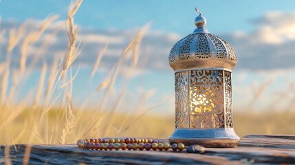 Aufkleber - Ornate lantern and prayer beads on wood, wheat field, outdoors.