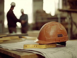 Aufkleber - Construction plans with helmet and tape, workers blurry background.