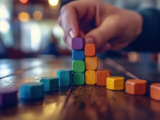 Poster - Hand stacks colorful wooden blocks on a table.