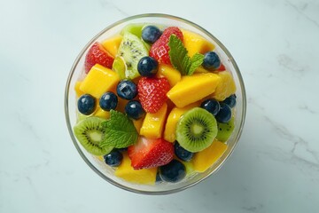 Sticker - Top view of fruit salad in glass bowl.