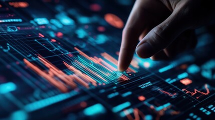 Fototapete - Hand touching digital screen with glowing data visualizations.