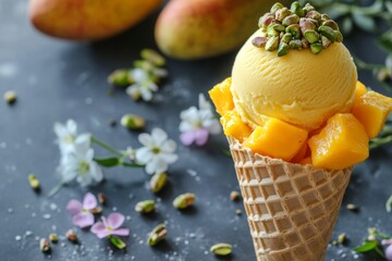 Canvas Print - Mango Pistachio Ice Cream in Waffle Cone